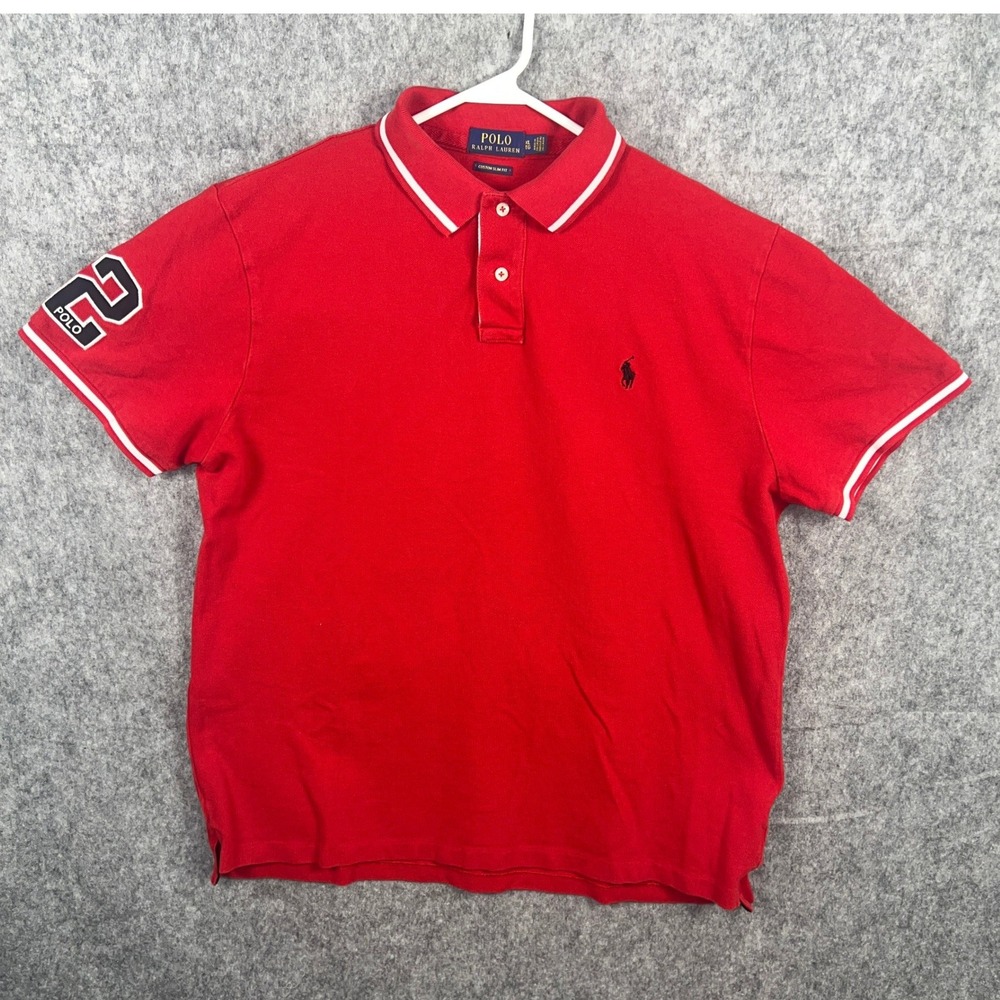 Polo Ralph Lauren Men's XL Red Custom Slim Fit Big Pony Number 2 Polo Shirt